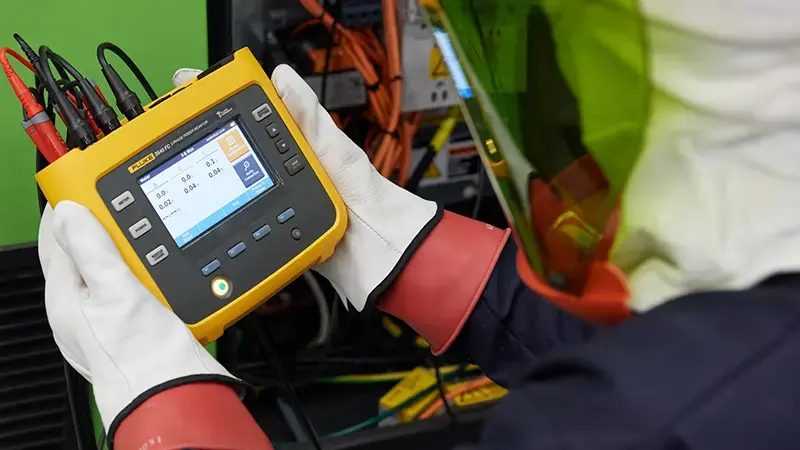 Technician using a Fluke power quality logger on electrical equipment