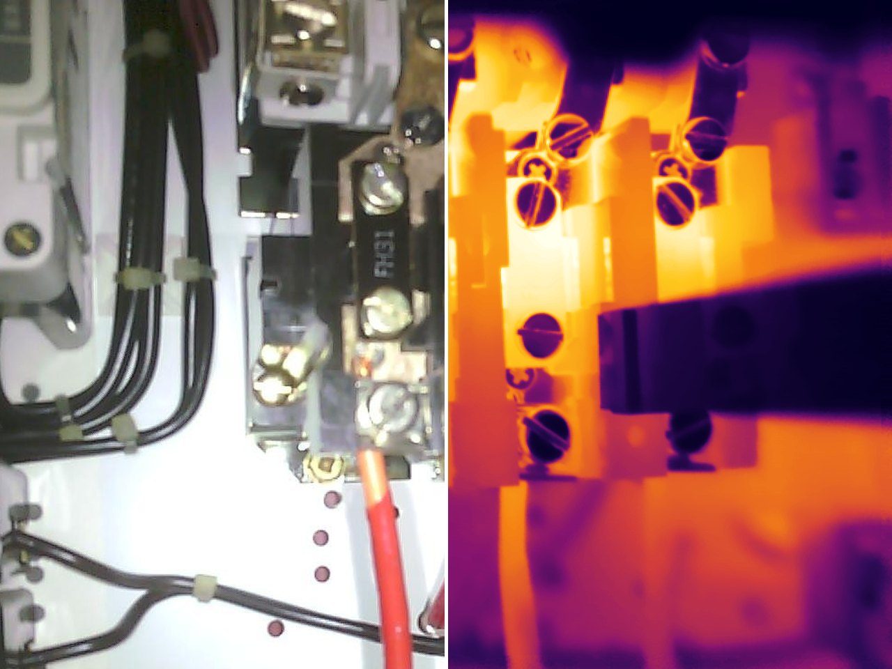 Visible and thermal views of a motor starter contactor at 146 degrees Celsius