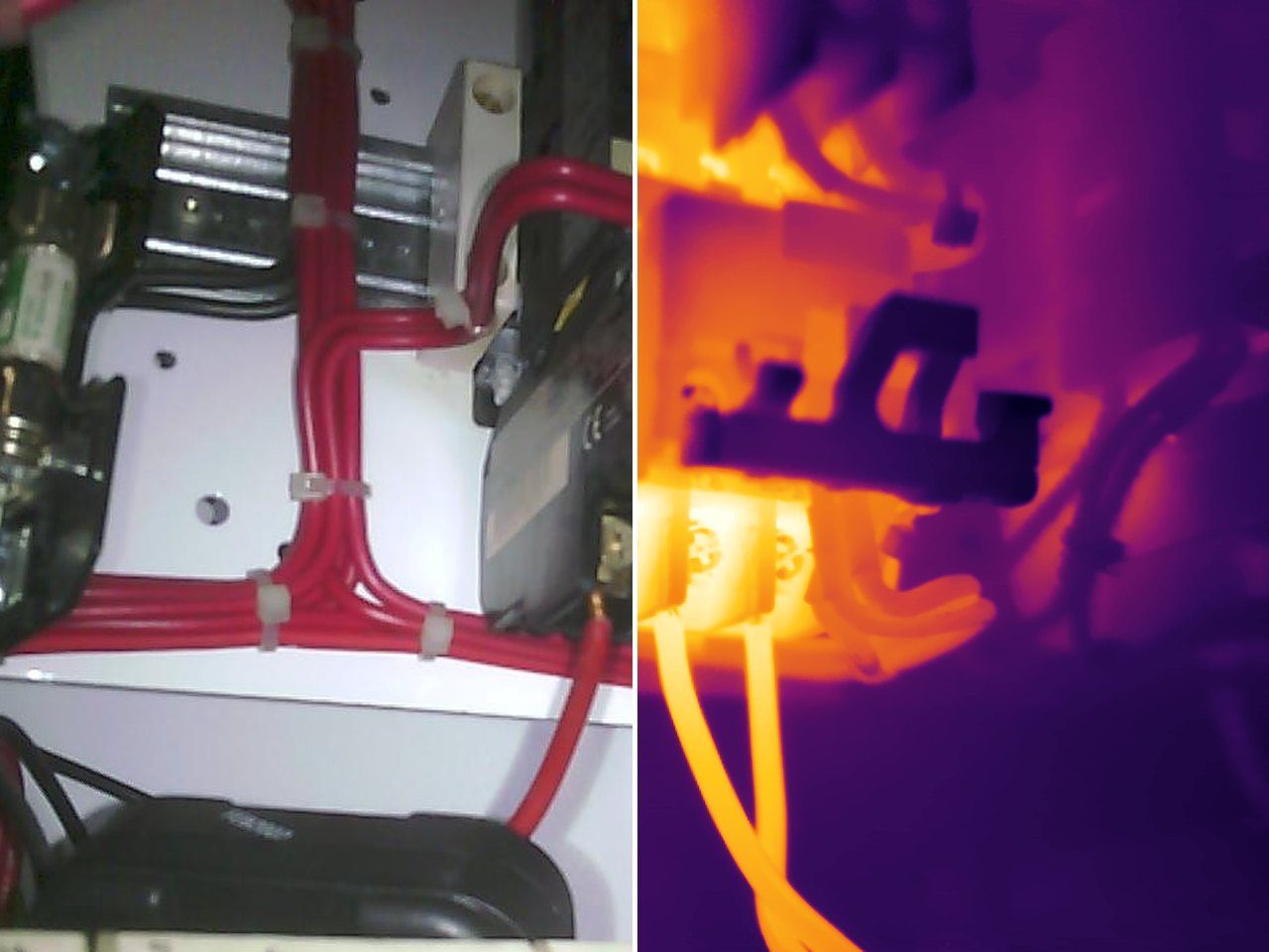 Visible and thermal views of a motor starter where one line-side conductor reads 82 degrees Celsius