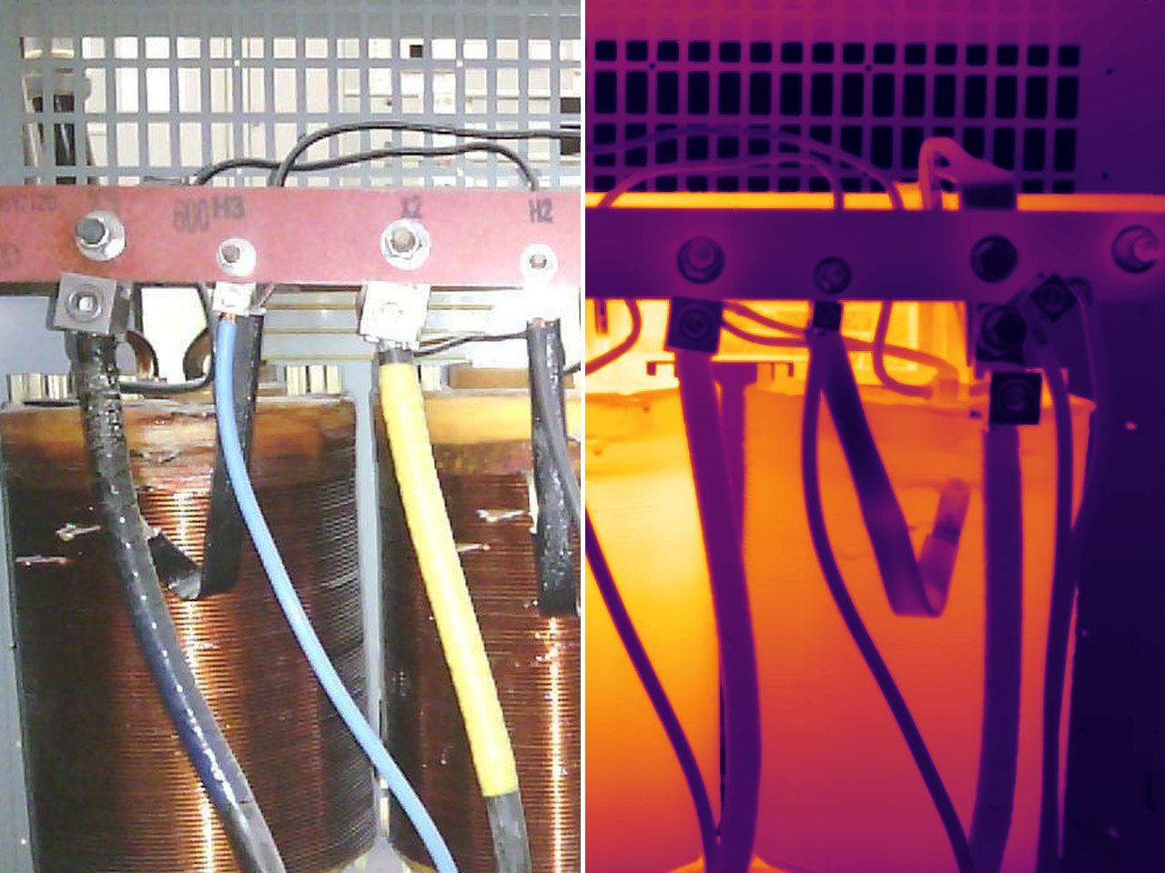 Visible and thermal views of a dry-type transformer secondary terminal at 100 degrees Celsius