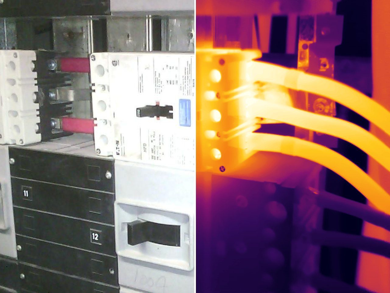 Aligned visible and thermal views of main breaker load-side lugs during a DTI inspection
