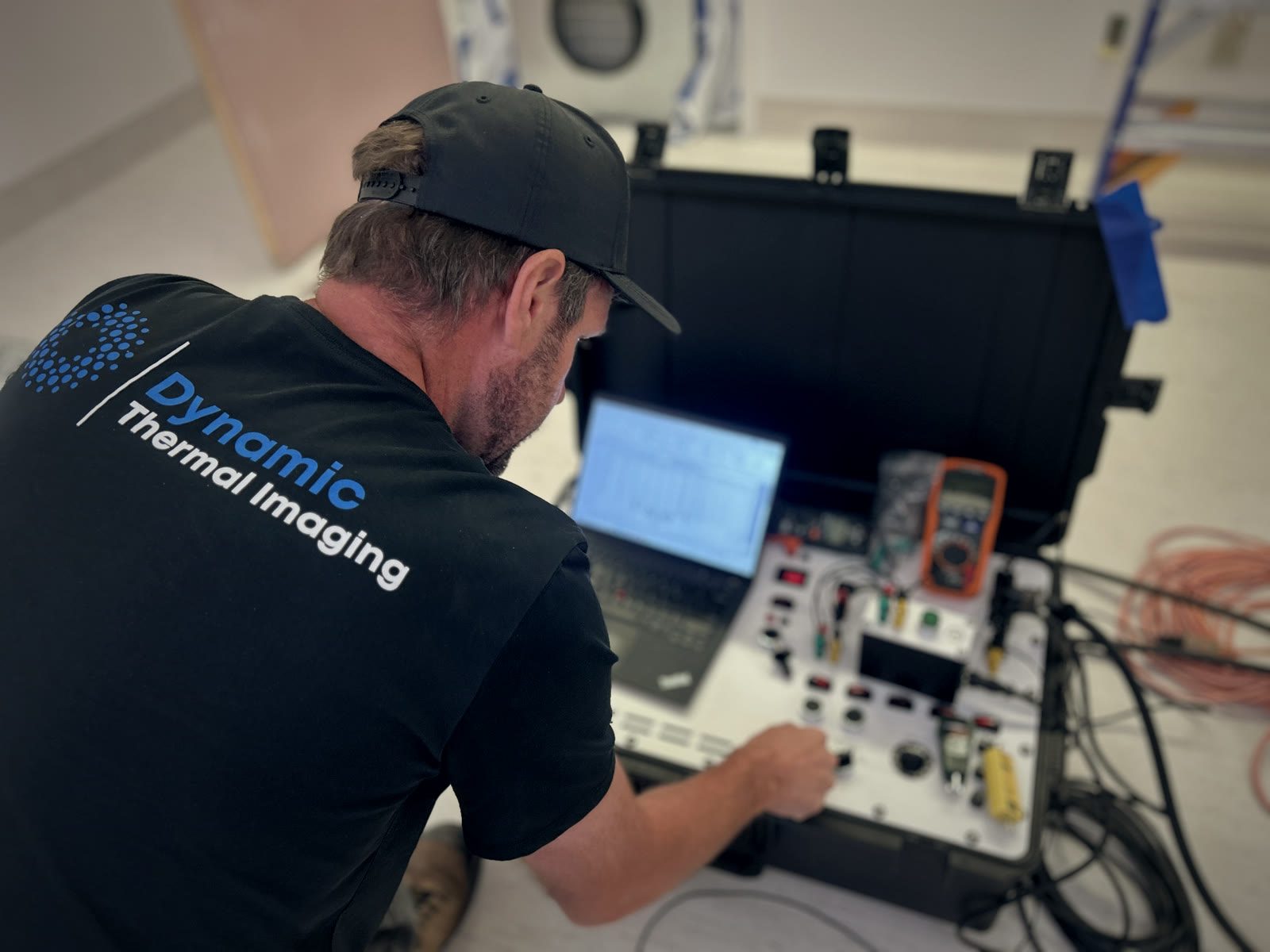 DTI technician running CSA Z32 tests with a portable test set in a hospital