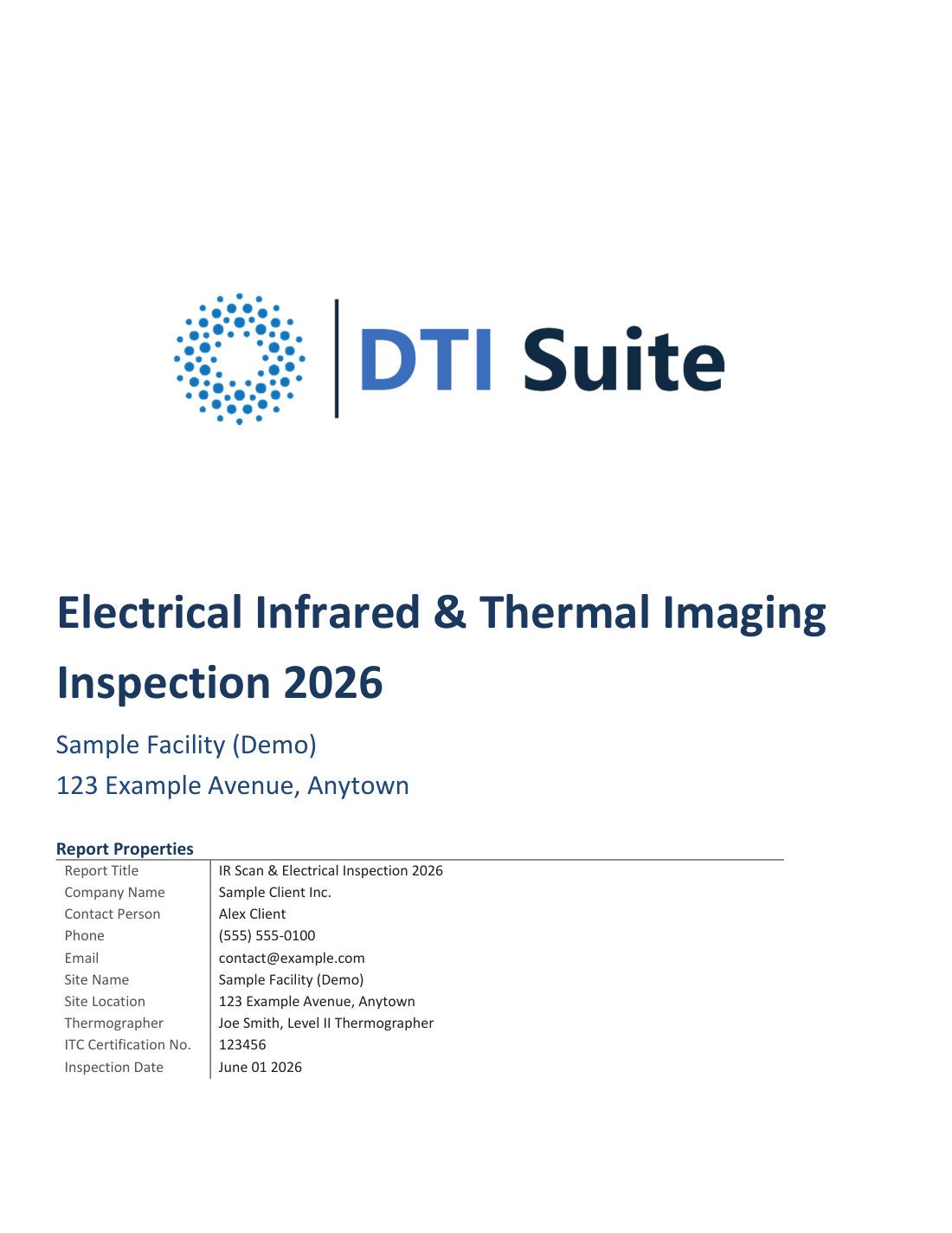 Cover of a sample DTI infrared inspection report with demo client information