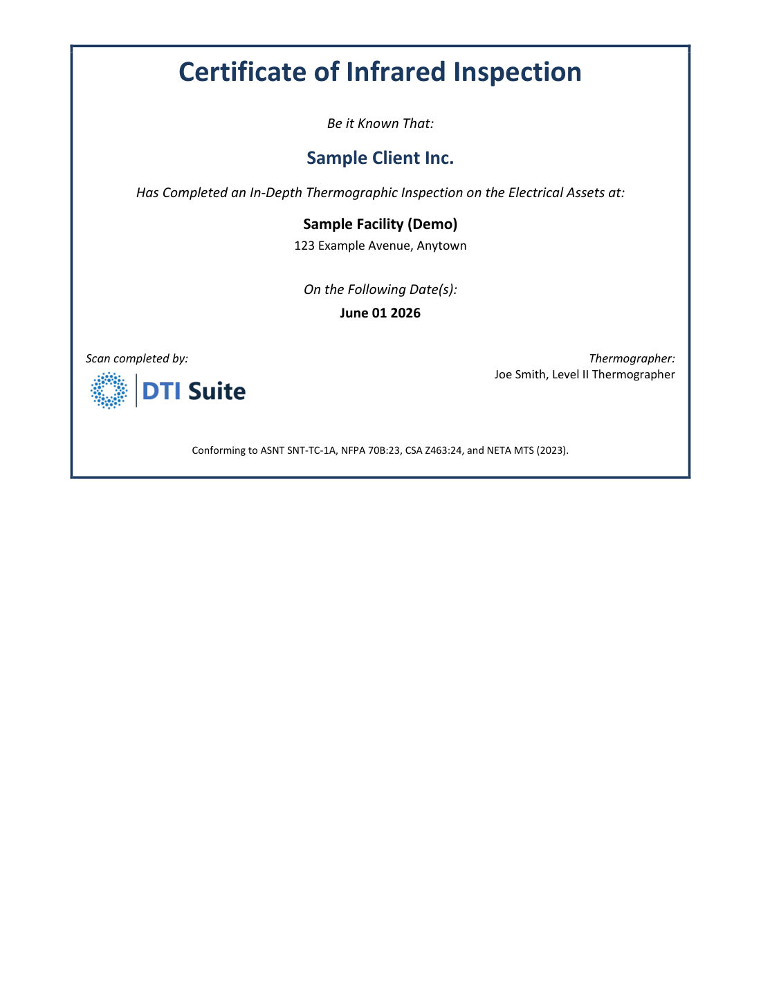 Sample page 3: Certificate of inspection